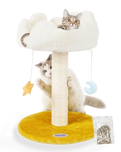 Happi N Pets 56cm Hoch Wolken Kratzbaum, Katzenbaum Mit Gemütliches Katzenbett, Kleiner Katzenturm Mit Natürlichen Sisalseilen Und Hängenden Spielzeugen X2, Stabiler Kratzsäule Mit Plattform von Happi N Pets