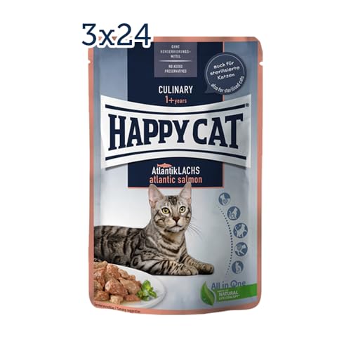 Happy Cat - Culinary Meat in Sauce Atlantik Lachs Pouch - Nassfutter für ausgewachsene Katzen & Kater - 72 x 85g - 3er Pack von Happy Cat