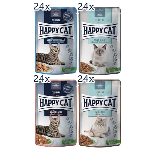 Happy Cat - Culinary Meat in Sauce Quellwasser Forelle, Atlantik Lachs, Sensitive Magen & Darm, Sensitive Haut & Fell Pouch - Nassfutter für ausgewachsene Katzen & Kater - je 24 x 85g von Happy Cat