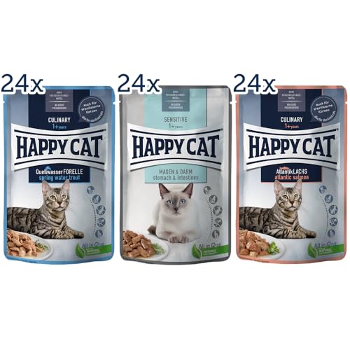 Happy Cat - Culinary Meat in Sauce Quellwasser Forelle, Atlantik Lachs, Sensitive Magen & Darm Pouch - Nassfutter für ausgewachsene Katzen & Kater - je 24 x 85g von Happy Cat