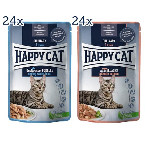 Happy Cat - Culinary Meat in Sauce Quellwasser Forelle + Atlantik Lachs Pouch - Nassfutter für ausgewachsene Katzen & Kater - je 24 x 85g von Happy Cat