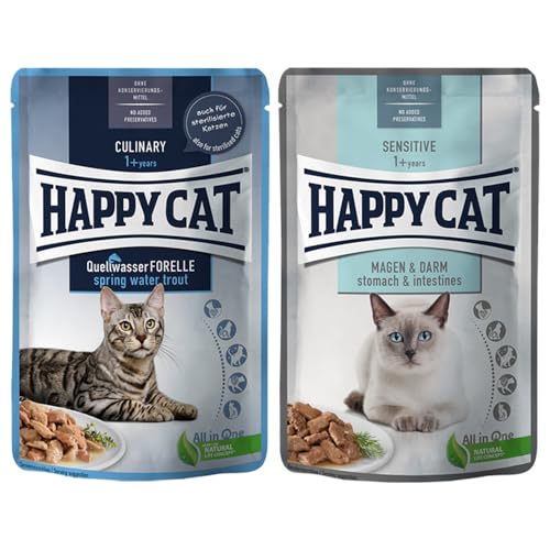 Happy Cat - Culinary Meat in Sauce Quellwasser Forelle + Sensitive Magen & Darm Pouch - Nassfutter für ausgewachsene Katzen & Kater - je 24 x 85g von Happy Cat