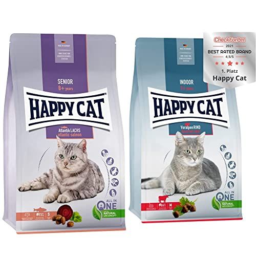 Happy Cat Senior Atlantik Lachs 4 kg & Indoor Adult Voralpen Rind 4 kg von Happy Cat
