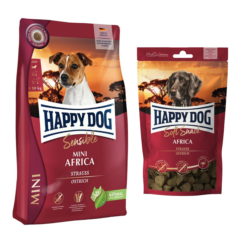 Happy Dog Kombi-Paket: 2 x 4 kg Sensible mini Trockenfutter + 4 x 100 g Soft Snack -  2 x 4 kg Africa + 4 x 100 g Africa von Happy Dog