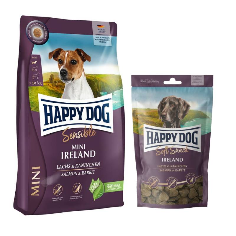 Happy Dog Kombi-Paket: 2 x 4 kg Sensible mini Trockenfutter + 4 x 100 g Soft Snack -  2 x 4 kg Ireland + 4 x 100 g Ireland von Happy Dog