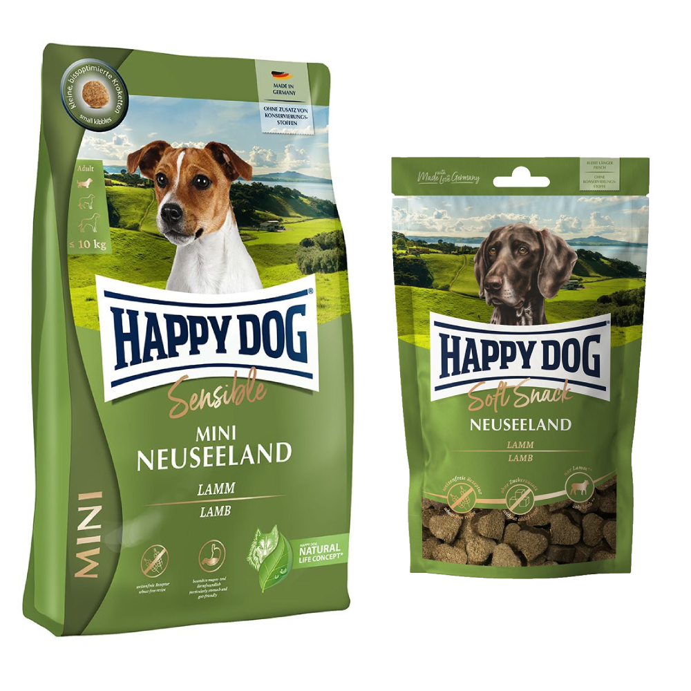 Happy Dog Kombi-Paket: 2 x 4 kg Sensible mini Trockenfutter + 4 x 100 g Soft Snack -  2 x 4 kg Neuseeland +  4 x 100 g Neuseeland von Happy Dog