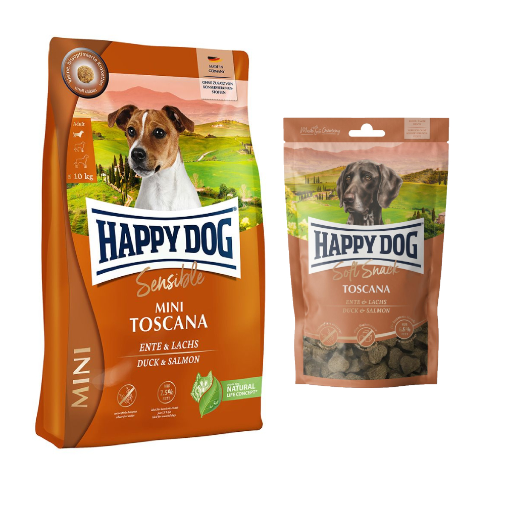 Happy Dog Kombi-Paket: 2 x 4 kg Sensible mini Trockenfutter + 4 x 100 g Soft Snack -  2 x 4 kg Toscana + 4 x 100 g Toscana von Happy Dog