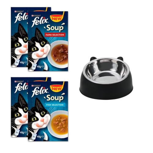 Happy Feeling Gifts 100ml Edelstahl Katzennapf gebündelt mit Felix Suppe Fisch und Bauernhof Auswahl - Komplettes Suppensortiment für ausgewachsene Katzen (24 x 48g) von Happy Feeling Gifts