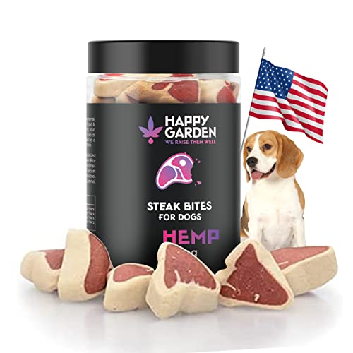 HAPPY GARDEN Beruhigende Hundesnacks mit Hanf, ideal für kleine und große Hunde, unterstützen und entspannen Ihr Haustier, 25 Steak-Häppchen von Happy Garden