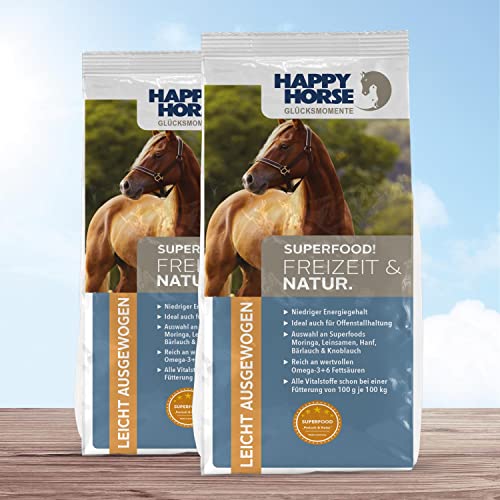 HAPPY HORSE Superfood Freizeit & Natur Pferdefutter 2 x 14kg - Optimal abgestimmt auf die Bedürfnisse von Pferden mit geringem Energiebedarf, Offenstall- oder Weidepferde - mit Moringa Superfood von Happy Horse