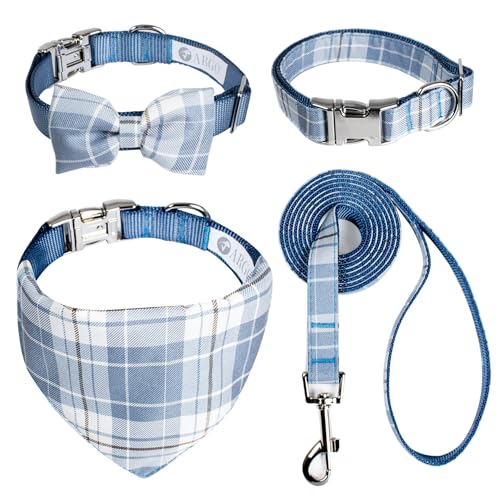 Argo Hundehalsband und Leine, Karierte Fliege und Bandana-Halsband, Hundeleine, verstellbare Halsbänder für Welpen, kleine Hunde und Katzen, (Blau, L) von Happy Living