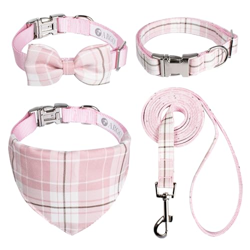 Argo Hundehalsband und Leine, Karierte Fliege und Bandana-Halsband, Hundeleine, verstellbare Halsbänder für Welpen, kleine Hunde und Katzen, (Rosa, Größe M) von Happy Living