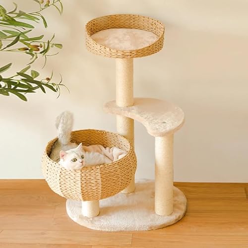 Happy & Polly 89,9 cm moderner Katzenbaum für Indoor-Katzen, Stabiler Katzenturm mit 2 handgewebten Papierseilkorbbetten und Kissen, Natursisal-Kratzbaum, mehrstöckige niedliche Höhle, einfach zu von Happy & Polly