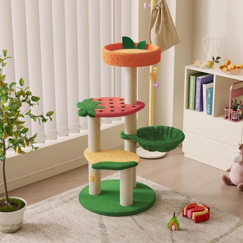 Happy & Polly Cute Cat Tree - Fruit World Katzenturm für Indoor-Katzen, 102,9 cm Katzenbaum mit Sisal-Kratzstämmen, Plüsch-Erdbeer-Sitzstangen, gemütlicher Korb, Kätzchen-Katzenbaum, Turm, von Happy & Polly