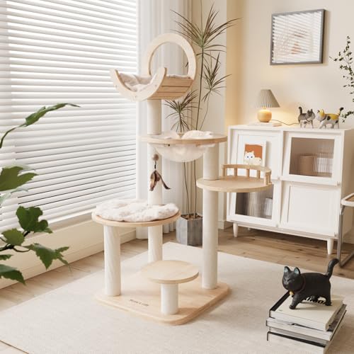 Happy & Polly Katzenbäume aus Holz 3-in-1 Installation 56 Zoll für große Katzen Katzentürme für Innenbereich Multi-Level Hoch Holz Katzen Höhle Multifunktionales Katzenhaus für 22 kg große Katzen von Happy & Polly