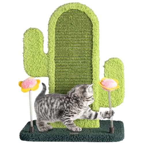 Happy & Polly Sisal Kratzbrett für Katzen - 39 cm hoher doppelseitiger Kratzbaum für Kätzchen mit Massagebrett aus Silikon und 2 Spielzeug-Blumenglocken für kleine/mittelgroße Katzen von Happy & Polly