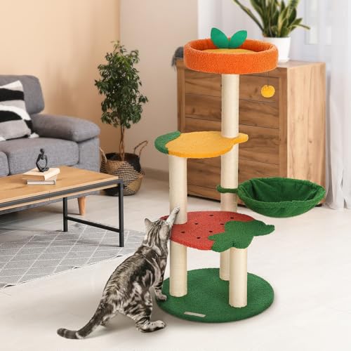 Happy & Polly Süßer Katzenbaum – 102,9 cm Fruit World Katzenturm für Indoor-Katzen, Katzenbaum mit Sisal-Kratzstämmen, gemütliche Hängematte, Plüsch-Erdbeer-Sitzstangen, Kätzchen-Katzenbaum, Turm, von Happy & Polly