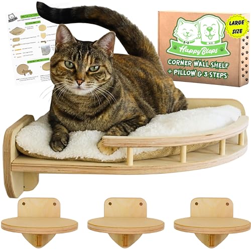 HappyBleps - Große Katzen-Wandregale, Katzenregale und Sitzstangen für die Wand | Katzenregal mit Kissen + 3 Katzenstufen für die Wand | Katzenregal, Katzensitzstange, Katzenwandmöbel, Katzentreppe von HappyBleps