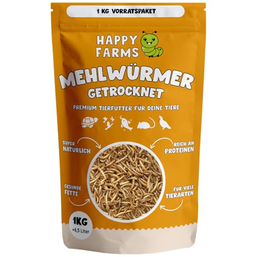 HappyFarms Getrocknete Mehlwürmer – 1kg proteinreiches Naturfutter für Wildvögel, Igel & Nager von HappyFarms