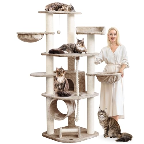 HAPPYPET Großer Kratzbaum Stabil 'Parker' 171 cm - 11 cm Stämme, Haus & Spieltunnel, Große Liegemulden, Kratzrolle, Kletterbaum XXL Katzenbaum für Katzen, Cappuccino von Happypet