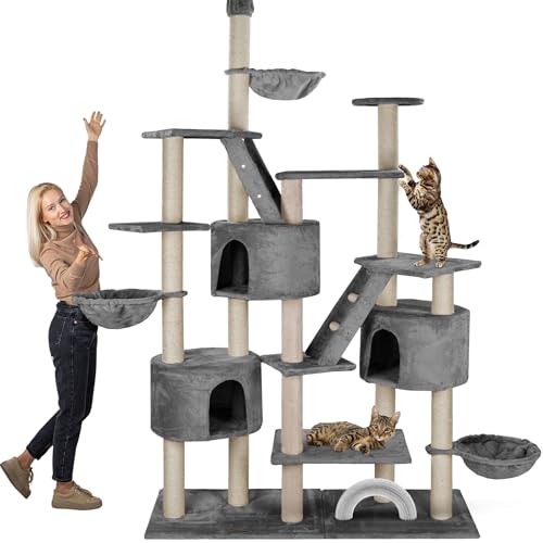 HAPPYPET Kratzbaum deckenhoch bis 260 cm Kletterbaum Simba - Extra breit, Häuser, Treppen, Liegemulden, großer XXL Katzenbaum Stabil für Katzen, mit 9 cm Säulen, viel Zubehör, Grau von Happypet