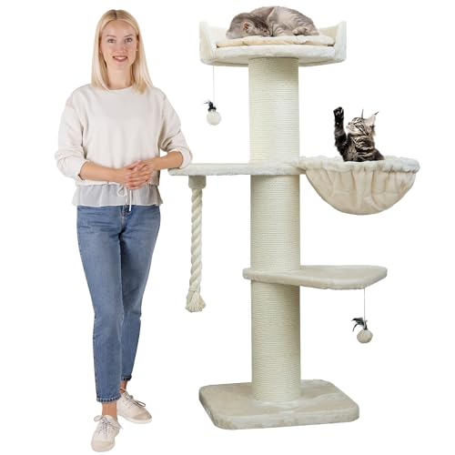 HAPPYPET Premium Kratzbaum Grosse Katzen Stabil 'Cooper' – 150 cm Großer Katzenbaum, Kletterbaum für Maine Coon, Natursisal, 20 cm Dicke Stämme - Creme von Happypet