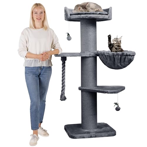 HAPPYPET Premium Kratzbaum Grosse Katzen Stabil 'Cooper' – 150 cm Großer Katzenbaum, Kletterbaum für Maine Coon, Natursisal, 20 cm Dicke Stämme - Grau von Happypet