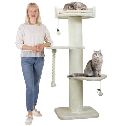 HAPPYPET Premium Kratzbaum Grosse Katzen Stabil 'Freddy' – 150 cm Großer Katzenbaum, Kletterbaum für Maine Coon, Natursisal, 20 cm Dicke Stämme - Creme von Happypet