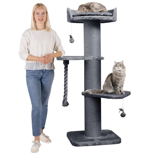 HAPPYPET Premium Kratzbaum Grosse Katzen Stabil 'Freddy' – 150 cm Großer Katzenbaum, Kletterbaum für Maine Coon, Natursisal, 20 cm Dicke Stämme - Grau von Happypet