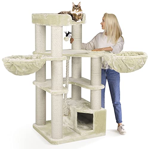 HAPPYPET Kratzbaum für große Katzen 'Oscar' - 161 cm Premium Katzenbaum stabil 47 kg, 12 cm Dicke Stämme für schwere Katzen Maine Coon, 600g Plüsch, geprüftes Holz, Creme von Happypet