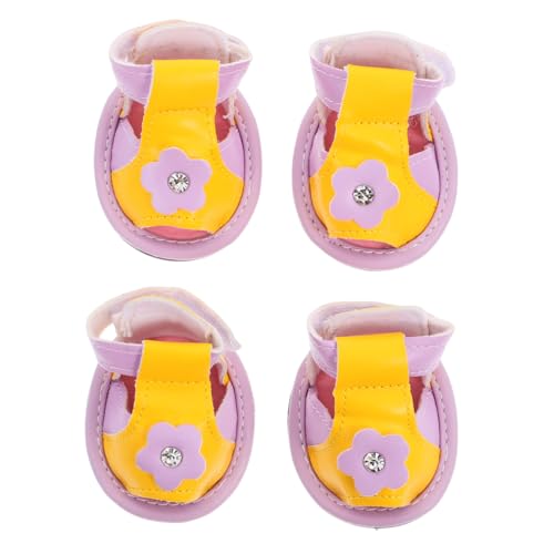 Happyyami Süßes Welpen-Sandalen-Set 4 Paar Atmungsaktive Modische Hundeschuhe mit Blumen und Strasssteinen Nicht für Haustiere Geeignet Violett von Happyyami