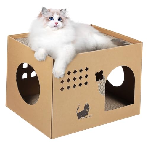 Happyyami Katzenvilla Katzenbett katzenbox Kartonhaus für Katzen katzenspielzeug katzenmöbel Katzenhaus Katzenkratzbrett Katzenspielhaus Katzenhäuser für Wohnungskatzen Wellpapier von Happyyami