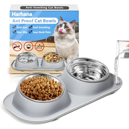 Harhana Ant Away Edelstahl Katzennäpfe Erhöht, Anti Erbrechen, Ameisensicher, Grau, 15.7 x 8 x 3 cm, 16 fl oz, für Katzen & kleine Hunde von Harhana