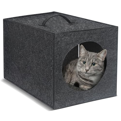 Katzenbett Höhle – 33 cm großes Katzenhaus Verstecke für Indoor-Katzen, Filz-Katzenbett mit Kissen innen, Katzenwürfel, Kastenbett, Katzenbett mit überzogenem Katzenbett, Katzenhütte von Harhana