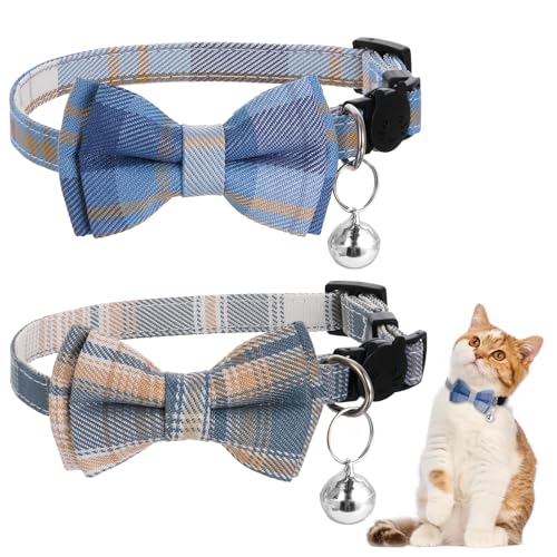 2 Stück Katzenhalsband mit Abtrünniger Fliege und Glöckchen, Blau Weiß Kariertes Katzenhalsband mit Schnellverschluss, Verstellbares Einfarbiges Set für Kätzchen und Welpen von Hariendny