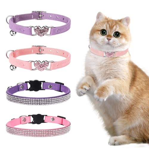 4 Stück Bling Heart Katzenhalsband mit Glocke, Strass Haustierhalsband für kleine Katzen und Hunde, Verstellbares Kätzchenhalsband mit Sicherheitsgurt für alle Hauskatzen von Hariendny