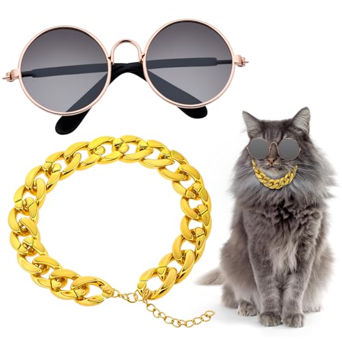 Sonnenbrille für Katzen und Hunde, Sonnenbrille und Goldkette, Katzenkostüm-Dekorationen, klassische Retro-Katzen-Outfits, schöner Stil, Welpen-Retro-Sonnenbrille von Hariendny