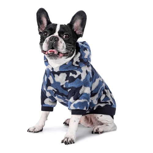 Harikaji Hund Camo Hoodie, Hund Winterkleidung, Haustier Kapuzen-Sweatershirt Pullover, Hundemantel Bekleidung für kleine mittelgroße Hunde Katzen (blaues Fleece, L) von Harikaji