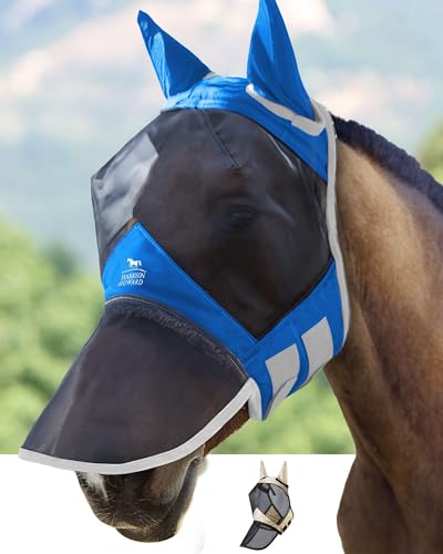 Harrison Howard CareMaster Pro Luminous Horse Fly Mask Large Eye Space Long Nose with Ears UV Protection for Horse -Signature Blue von Harrison Howard