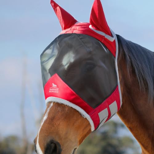 Harrison Howard CareMaster Pro Luminous Pferde Fliegenmaske UV-Schutz Fleece-Polsterung mit Ohrenschutz Rot Warmblut (L) von Harrison Howard