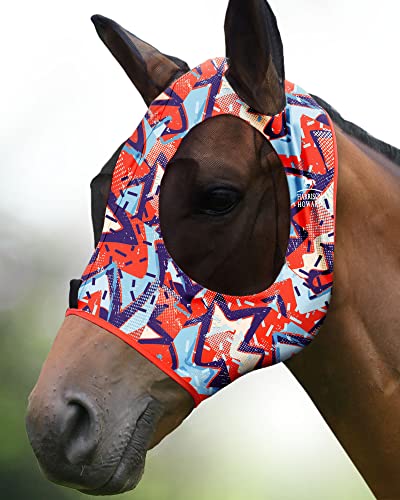 Harrison Howard Super Comfort Stretchy Fly Mask Large Eye Space with UV Protection Soft on Skin with Breathability Orange Geo-Print von Harrison Howard