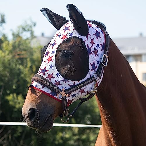 Harrison Howard Super Comfort Stretchy Fly Mask Large Eye Space with UV Protection Soft on Skin with Breathability Roter Blauer Stern (M) von Harrison Howard