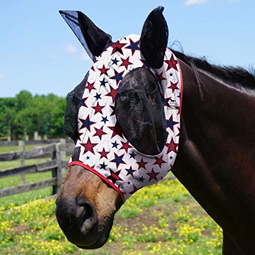 Harrison Howard Super Comfort Stretchy Fly Mask Large Eye Space with UV Protection Soft on Skin with Breathability Roter Blauer Stern (L) von Harrison Howard