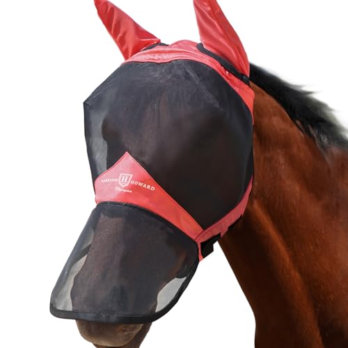 Harrison Howard Pro Luminous Horse Vollgesichtsmaske Fliegenmaske Großer Augenraum Lange Nase mit Ohren UV-Schutz für Pferd Coral Orange L von Harrison Howard