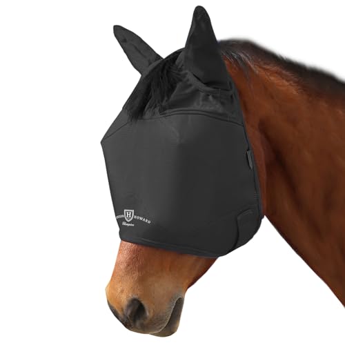 Harrison Howard UV-beständige Multifunktionsgewebe Dicke Fleece Polsterung Pferd Fliegenmaske Halbgesicht mit Ohren schwarz Warmblut Extra Large von Harrison Howard