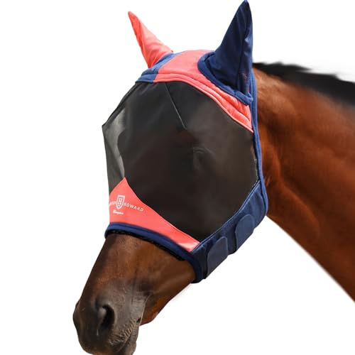 Harrison Howard Pro Luminous Horse Fliegenmaske Großer Augenraum Halbes Gesicht mit Ohren UV-Schutz für Pferd Coral Orange/Navy XL von Harrison Howard