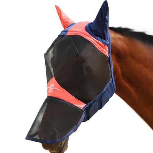 Harrison Howard Pro Luminous Horse Fliegenmaske Lange Nase mit Ohren UV-Schutz für Pferd Coral Orange/Navy L von Harrison Howard
