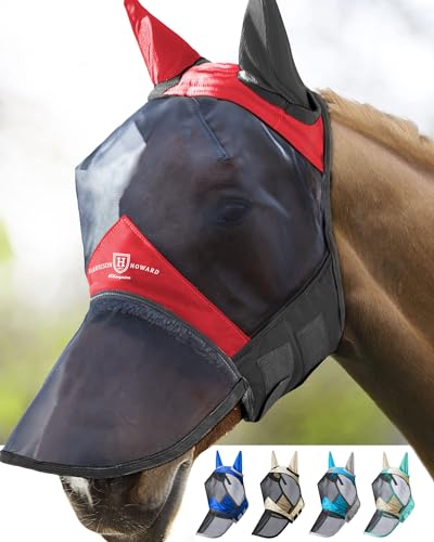 Harrison Howard Pro Luminous Horse Fliegenmaske Lange Nase mit Ohren UV Schutz für Pferd Scharlachrot Schwarz Kleines Pony von Harrison Howard