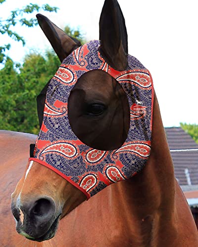 Harrison Howard Super Comfort dehnbare Fliegenmaske für Pferde, mit UV-Schutz, weich auf der Haut mit Atmungsaktivität, Orange Paisley M Cob von Harrison Howard