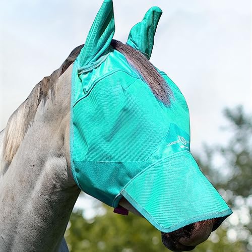 Harrison Howard UV-beständige Vorverriegelung Zuverlässiger Schutz Pferd Fliegenmaske Lange Nase mit Ohren Mint Warmblut Extra Groß von Harrison Howard